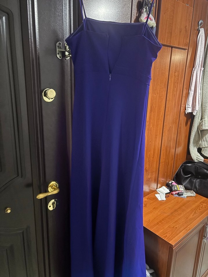 Mavi Uzun İnce Askılı Abiye Elbise - Görsel 4