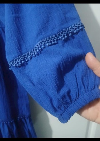 38 Beden Diger Kadın Mavi Uzun Kollu Fırfırlı Elbise