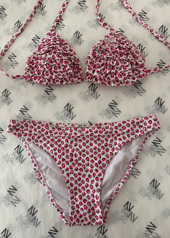 Pembe Renkli Fırfırlı Baskılı Strappy Bikini
