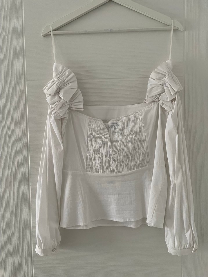 Drapeli Beyaz Keten Straplez Bluz - Görsel 2