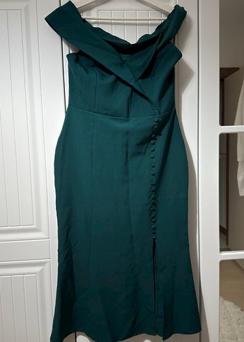 Petrol Yeşili Midi V Yaka Yırtmaçlı Elbise - Görsel 4