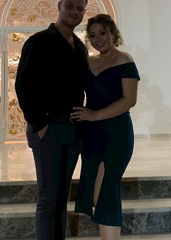 Petrol Yeşili Midi V Yaka Yırtmaçlı Elbise - Görsel 2