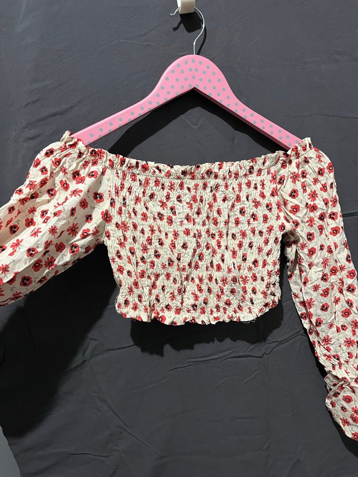 Beyaz Çiçek Desenli Straplez Mini Bluz - Görsel 2