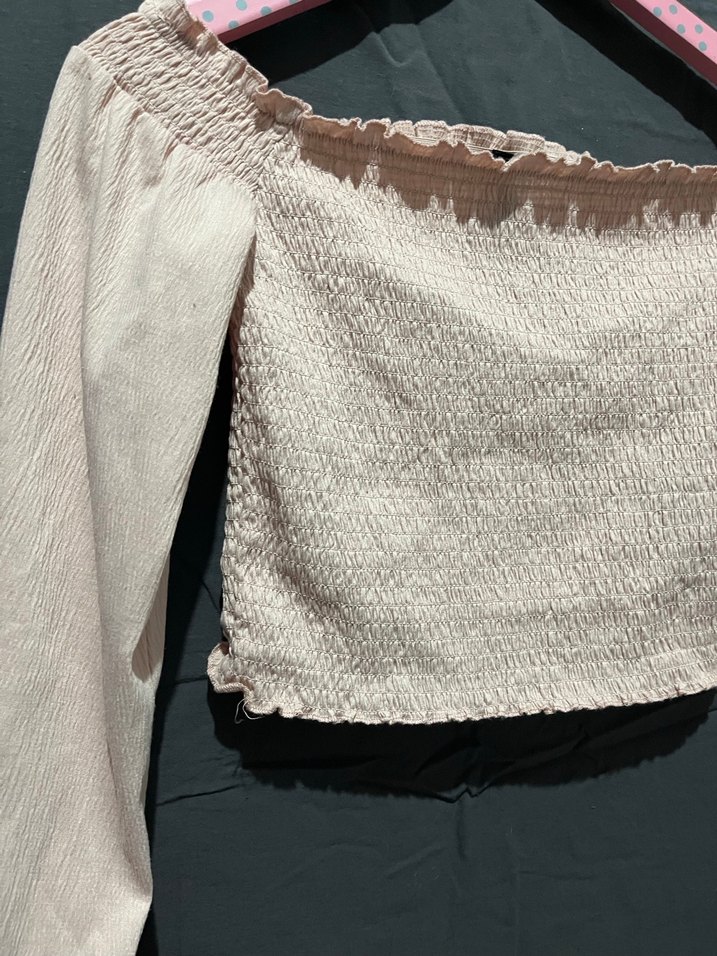 Pudra Keten Mini Bluz Fırfırlı Uzun Kol - Görsel 2