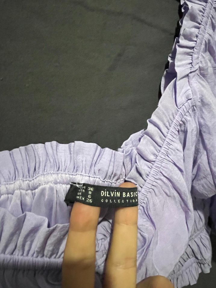 Lila Katlı Mini Pliseli Keten Bluz - Görsel 2