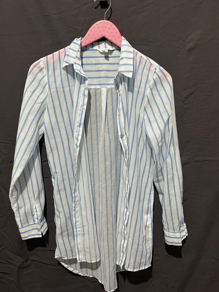 Mavi Çizgili Uzun Kollu Kadın Gömlek - Görsel 2