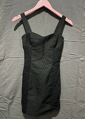 Siyah Yılan Desenli Straplez Midi Elbise - Görsel 2