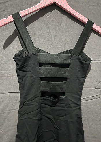 Siyah Yılan Desenli Straplez Midi Elbise - Görsel 3