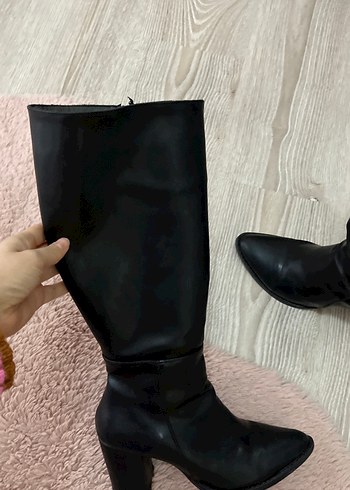 Siyah Deri Kadın Dizüstü Topuklu Çizme - Görsel 5