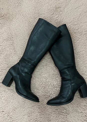 Siyah Deri Kadın Dizüstü Topuklu Çizme - Görsel 2