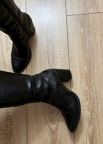 Siyah Deri Kadın Dizüstü Topuklu Çizme - Görsel 7