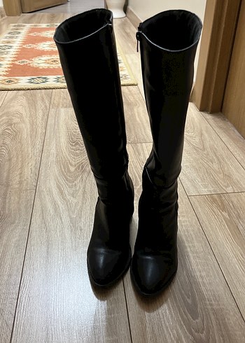Siyah Deri Kadın Dizüstü Topuklu Çizme - Görsel 6