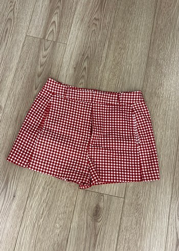 Kadın Kırmızı Kareli Pilili Mini Şort