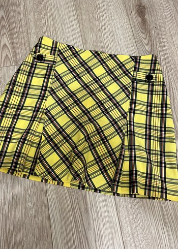 Sarı Ekose Pilili Mini Etek