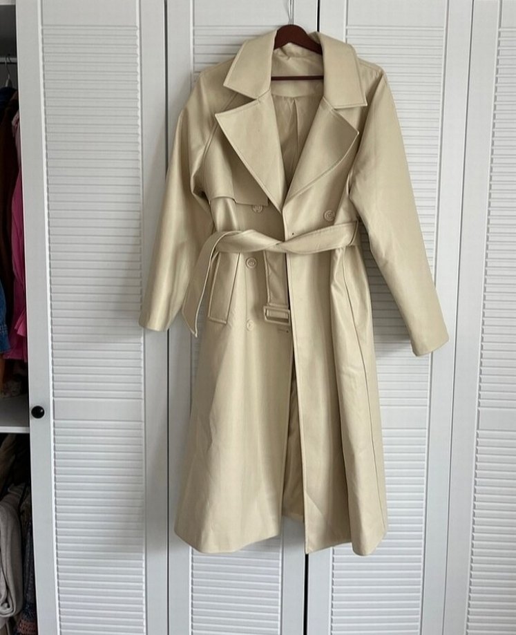 Beyaz Deri Kemerli Uzun Trençkot - Görsel 2