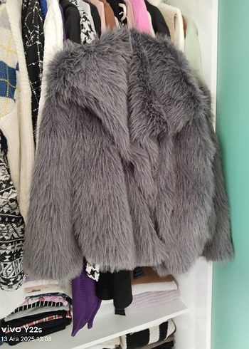 Gri Kürk Detaylı Midi Boy Kadın Ceket - Görsel 2