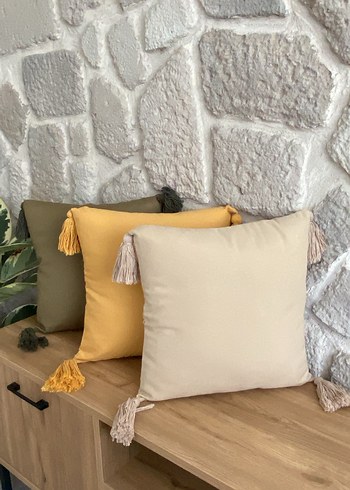 Püsküllü Yastık Kılıfı - Haki-Hardal-Bej renginde