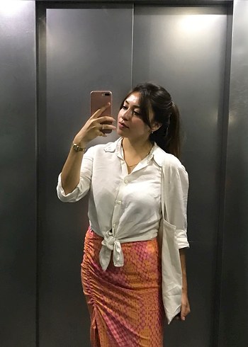 Pembe Bağcıklı Midi Etek - Görsel 2