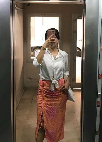 Pembe Bağcıklı Midi Etek - Görsel 3