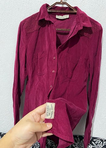 Bordo Düğmeli Uzun Kollu Keten Gömlek - Görsel 3