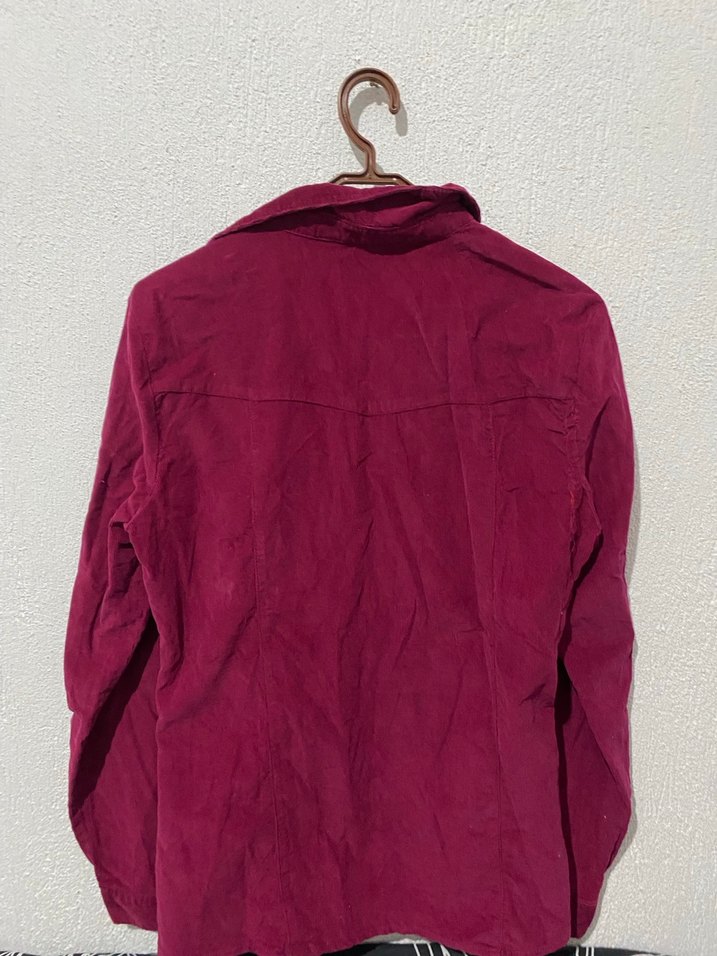 Bordo Düğmeli Uzun Kollu Keten Gömlek - Görsel 4