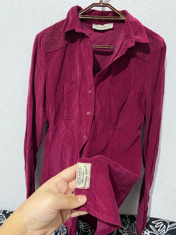 Bordo Düğmeli Uzun Kollu Keten Gömlek - Görsel 3