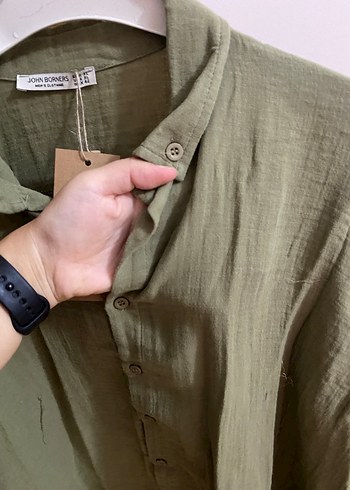 Kadın Keten Khaki Düğmeli Kısa Kollu Gömlek - Görsel 4