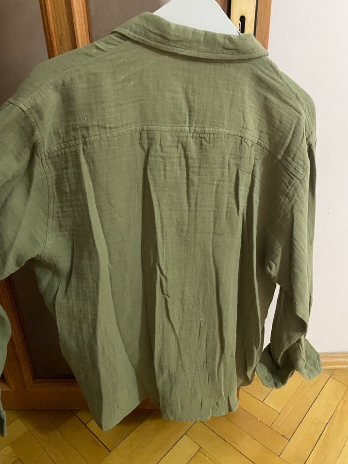 Kadın Keten Khaki Düğmeli Kısa Kollu Gömlek - Görsel 3