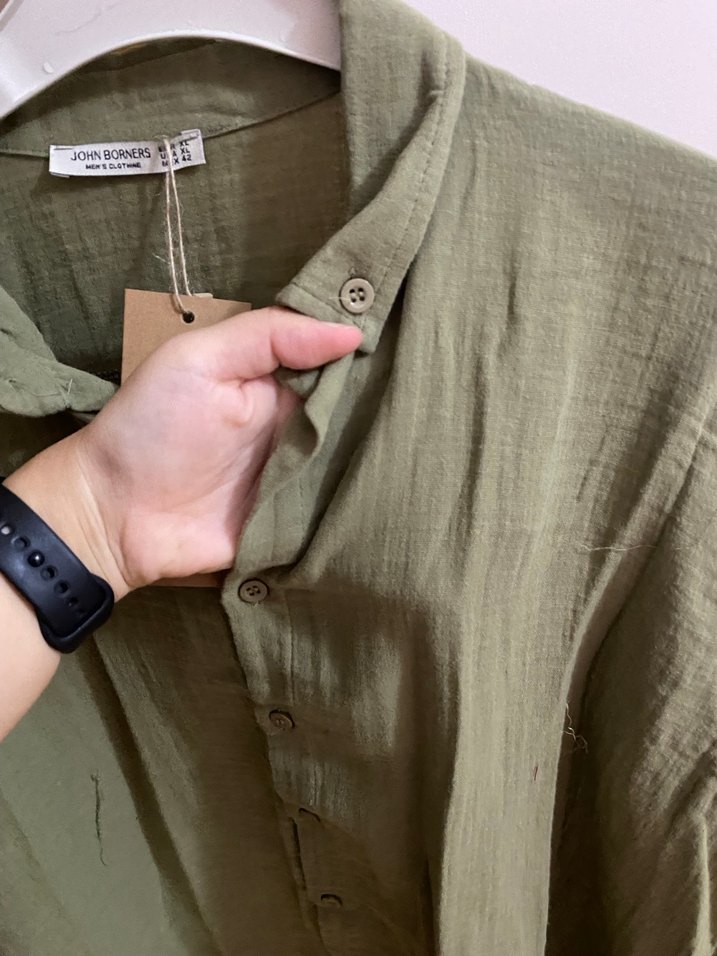 Kadın Keten Khaki Düğmeli Kısa Kollu Gömlek - Görsel 4