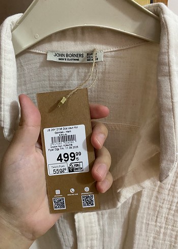 Düğmeli Krem Keten Kadın Gömlek - Görsel 3