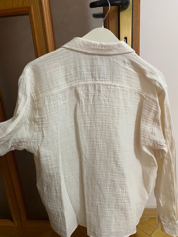 Düğmeli Krem Keten Kadın Gömlek - Görsel 4