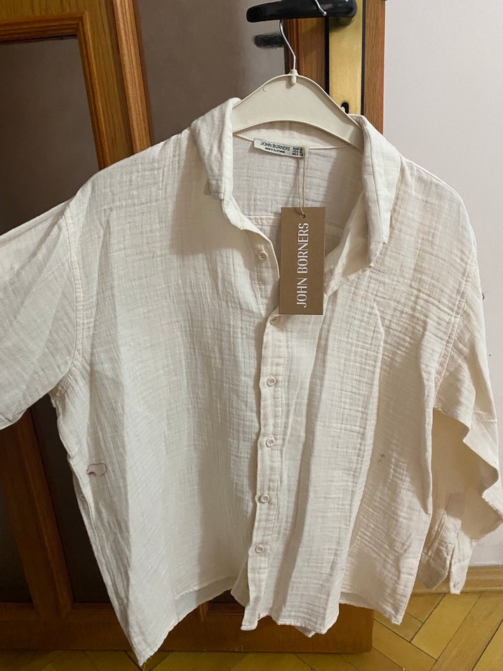 Düğmeli Krem Keten Kadın Gömlek - Görsel 2