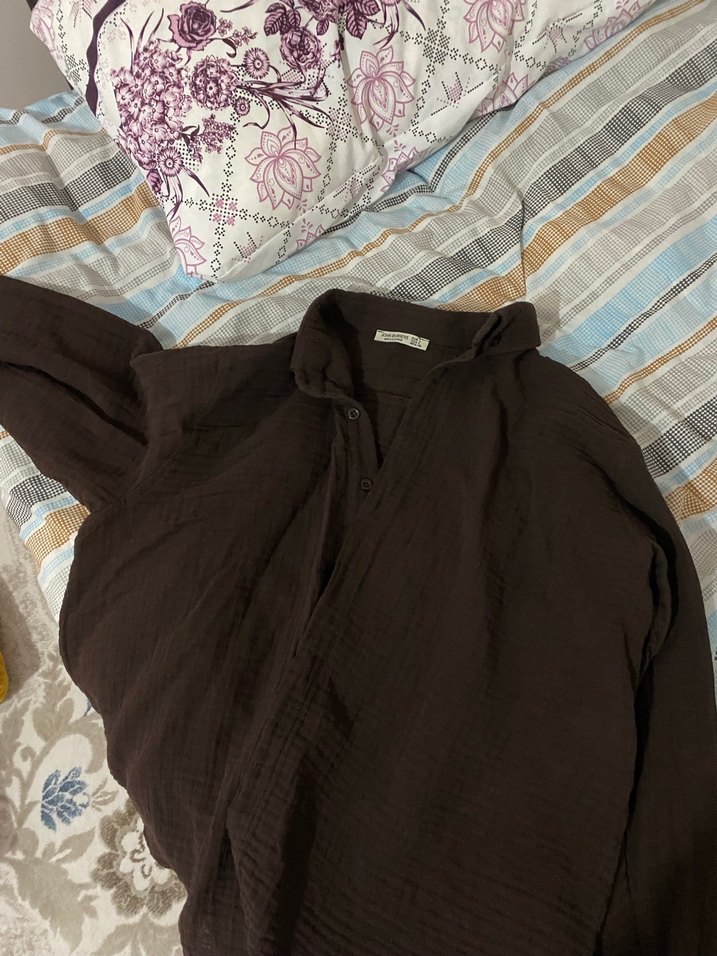 Kahverengi Uzun Kollu Keten Kadın Gömlek - Görsel 2