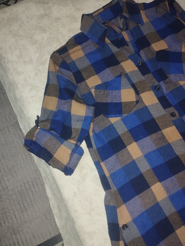 Düğmeli Mavi Kareli Uzun Kollu Kadın Gömlek - Görsel 3