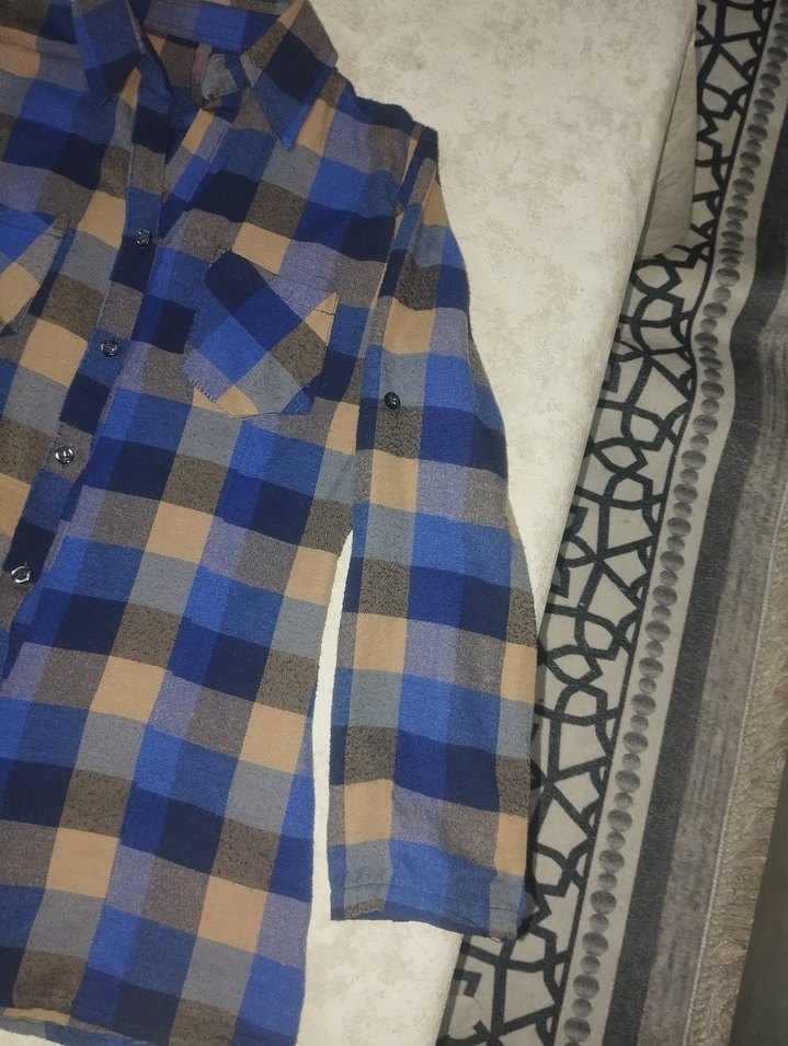 Düğmeli Mavi Kareli Uzun Kollu Kadın Gömlek - Görsel 2