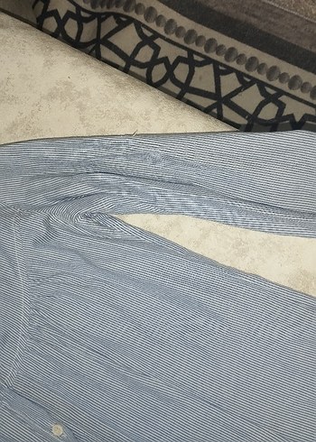 Mavi Çizgili Uzun Kollu Keten Gömlek - Görsel 4