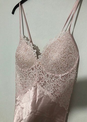 xl Beden İnce Askılı Pembe Midi Gecelik
