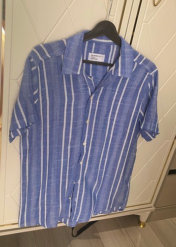 m Beden Erkek Mavi Çizgili Kısa Kollu Denim Gömlek