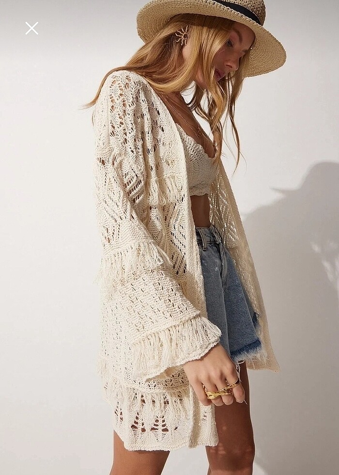 Püsküllü mevsimlik ajurlu kimono hırka - Görsel 3