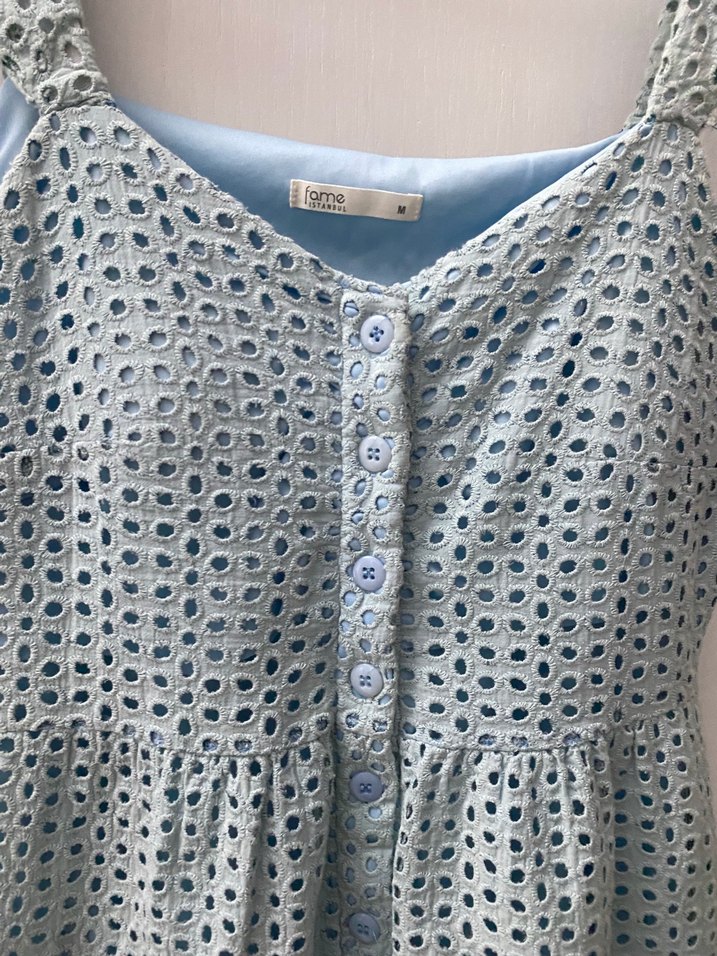 Mavi Puantiyeli Düğmeli Midi Elbise - Görsel 2