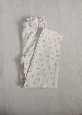 8 Yaş Beden Kız Çocuk Turuncu Baskılı Keten Pantolon