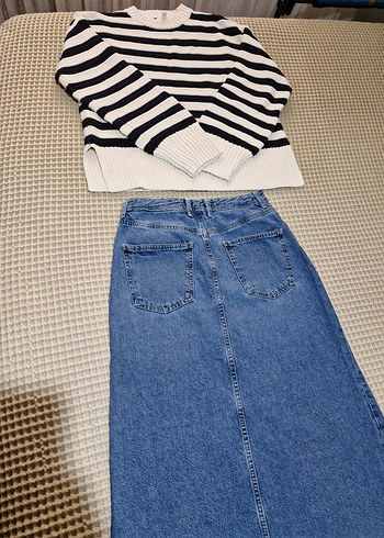 Çizgili Triko ve Midi Kot Etek Kombini - Görsel 2