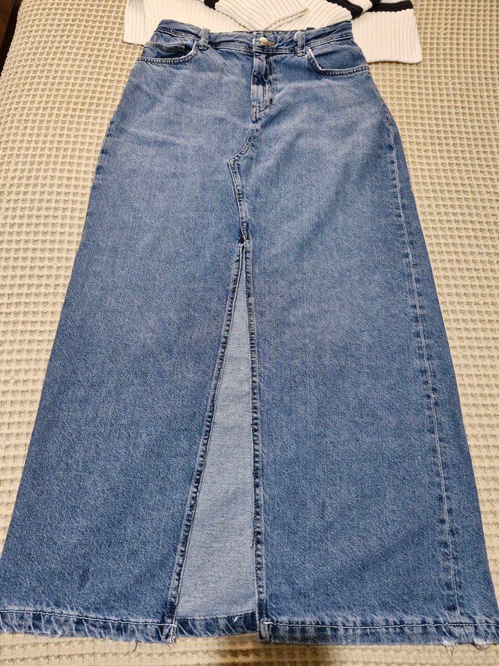 Çizgili Triko ve Midi Kot Etek Kombini - Görsel 5