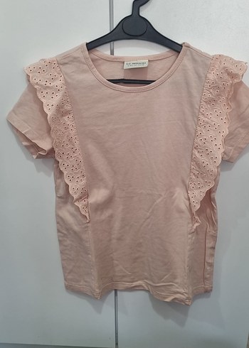 Kız Çocuk Pembe Fırfırlı Kısa Kollu Tişört