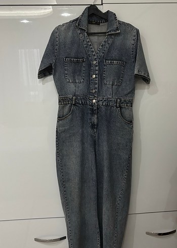 40 Beden Kemerli Lacivert Denim Tulum