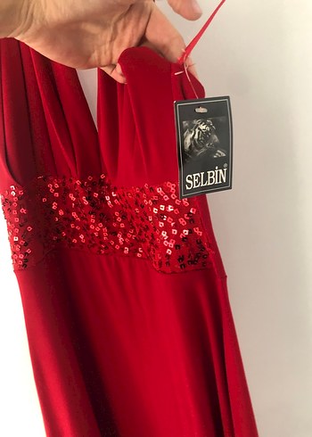 Kırmızı Uzun Drapeli V Yakalı Abiye Elbise - Görsel 4