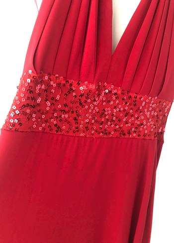 Kırmızı Uzun Drapeli V Yakalı Abiye Elbise - Görsel 3