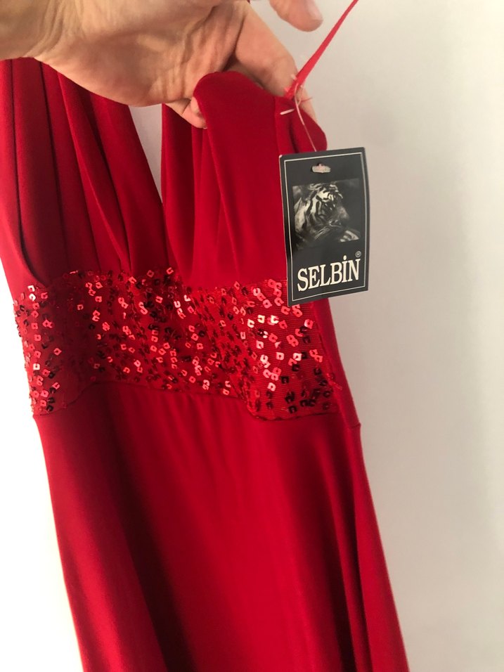 Kırmızı Uzun Drapeli V Yakalı Abiye Elbise - Görsel 4