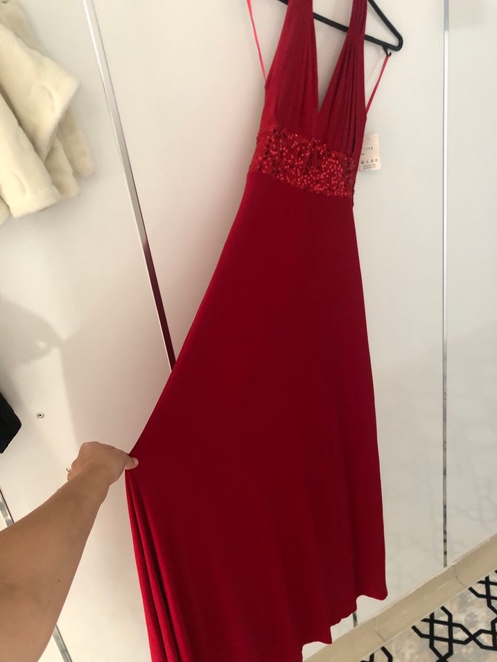 Kırmızı Uzun Drapeli V Yakalı Abiye Elbise - Görsel 2