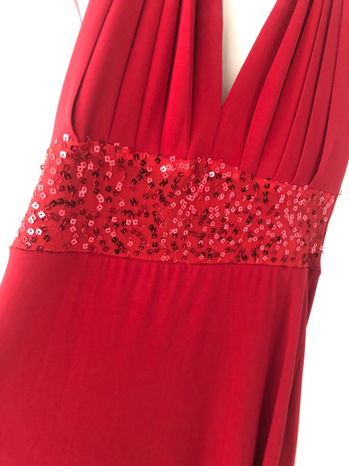 Kırmızı Uzun Drapeli V Yakalı Abiye Elbise - Görsel 3